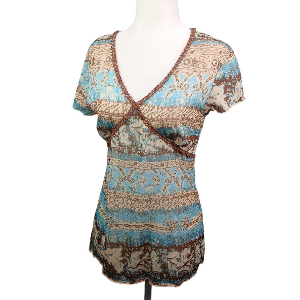 Vintage Y2K Womens Babydoll Crochet Lace Trim Top Size S Tie Waist Boho Coquette